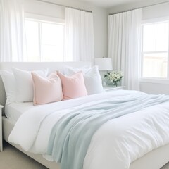 Bright and airy bedroom featuring soft linens and pastel accents, perfect for a relaxing atmosphere and home decor inspiration.