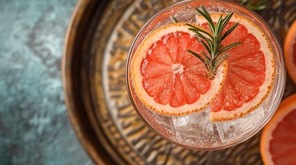 A vibrant vodka tonic with grapefruit and rosemary rests on a textured tray, glistening in warm light.