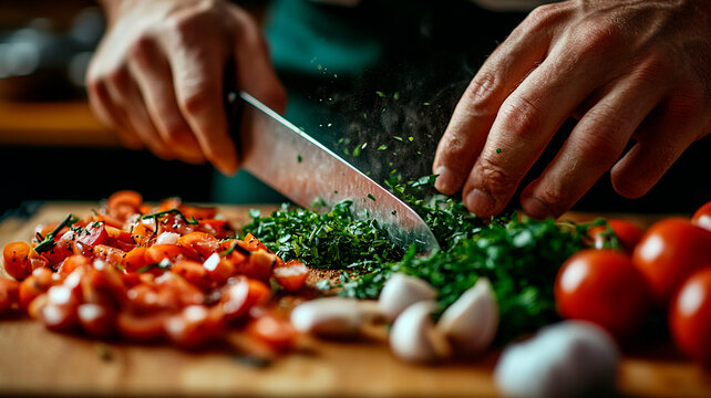 Manos de un cocinero picando finamente hierbas con un cuchillo afilado sobre una tabla de cortar, con ingredientes vibrantes como tomates, ajos y cebollas esparcidos alrededor.