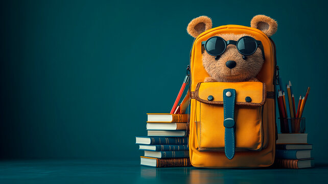 Concepto de vuelta al cole con una mochila amarilla entreabierta, derramando libros y art&iacute;culos de papeler&iacute;a, sobre un fondo azul estampado, renderizado 3D con sombras suaves.