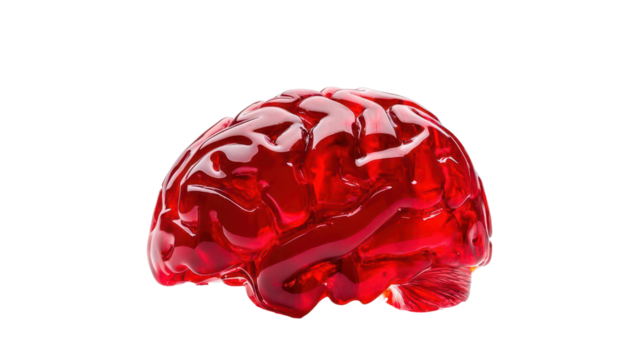 Red gelatin brain model with detailed folds and curves, isolated on white background. Perfect for educational and scientific presentations.