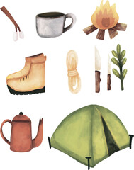 Set of camping tools. Watercolor style of camping tools. Camping tools vector art. Camping tools vector art collection