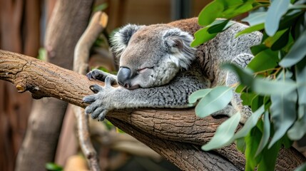 Obraz premium Sleeping Koala in a Eucalyptus Tree