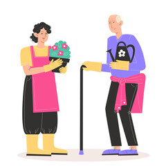 Grandfather and granddaughter take care of indoor plants