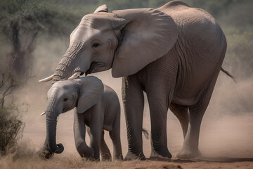 Fototapeta premium African elephant with baby in Masai Mara National Park, Kenya, Africa