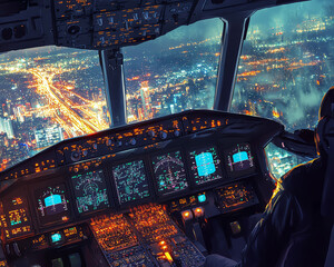 Night view of a city from the cockpit of an airplane.