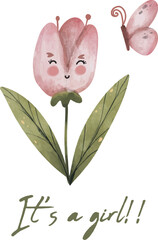 It's a girl. Watercolor style of Cute pink flower for baby shower invitations or posters. It's a girl. Vector illustration of gender reveal, it’s a girl,,  gender reveal