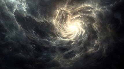 Abstract swirling clouds forming a vortex with a bright light in the center