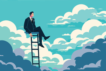 Ambitious Businessman Climbing Ladder to Vacant Management Chair, Searching for Job Promotion and Career Advancement