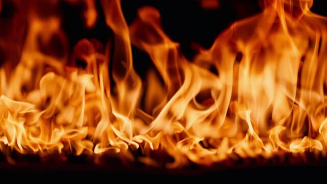 Beautiful dancing fire, the surface is ablaze. Close-up immersion in the flames. The camera passes through the fire. Burning tongues of flame on a black backdrop in slow motion.