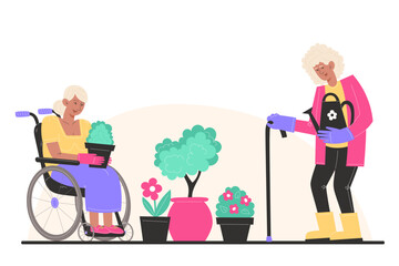 An elderly woman in a wheelchair are gardening with her friend