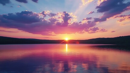 Obraz premium Vibrant sunset over a calm lake with colorful clouds reflecting on the water.