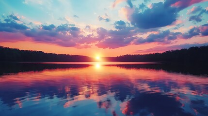 Obraz premium Serene sunset over a tranquil lake with vibrant colors reflecting in the water.