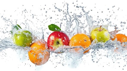 various fruits falling from a height, splashing into water, with fresh detail, isolated on a white background