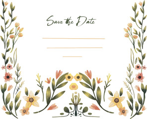 Fototapeta premium wedding card with yellow and orange watercolor texture flowers, dan leaves. Frame with flowers. Floral greeting card