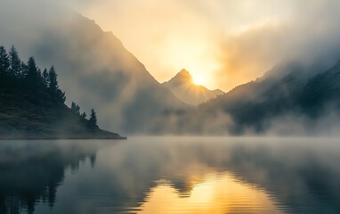 Sunrise over a misty lake with mountains in the background.