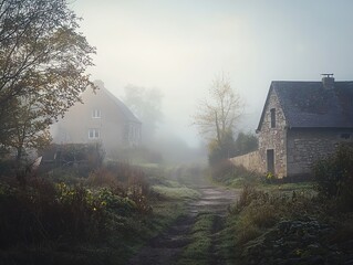 Misty morning in a rural village with stone houses and a dirt road
