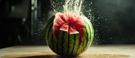 Watermelon Exploding in Mid-Air with Water Droplets and Juice Splashing Dramatically in a Dark Studio Setting