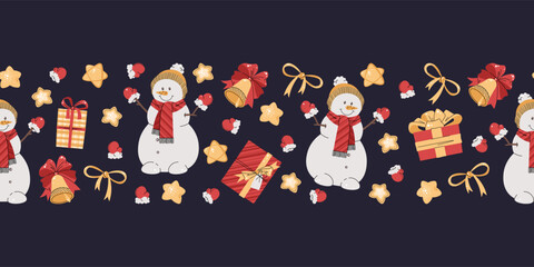 Seamless Christmas border with festive elements. Pattern with snowman, stars and gifts. Background for festive design of cards, websites, fabric, etc.
