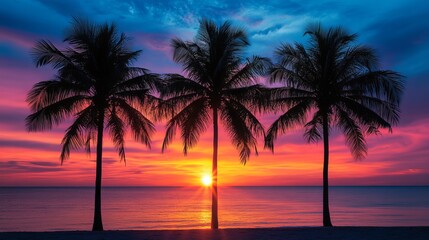 Tropical sunset over the ocean with silhouetted palm trees at twilight
