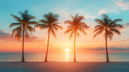 Sunset over a tranquil beach with palm trees lining the shore