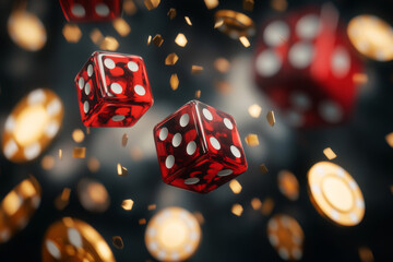 Red dice and golden casino chips floating in the air, evoking the excitement and risk of gambling.