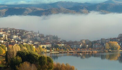 Amazing misty autumn morning in Kastoria lake Greece 