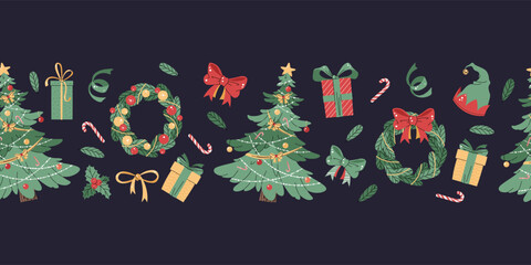 Seamless Christmas border with festive elements. Pattern with Christmas tree, wreaths, gifts. Background for festive design of cards, websites, fabric, etc.
