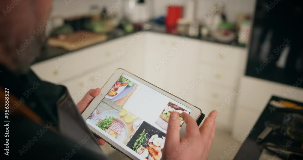 Poster Hands, chef and man in kitchen, tablet screen and search for recipe, connection and share cooking tips. Food influencer, person and professional with tech, prepare lunch and house with digital app