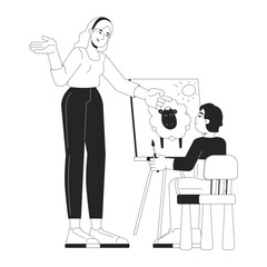 Art teacher giving advice to kid about drawing black and white 2D line characters. Easel boy painting, blonde woman schoolteacher isolated vector outline people. Monochromatic spot illustration