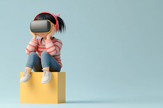 A stylized 3D character of a young girl wearing a VR headset, sitting on a yellow block against a minimalist, light blue background. The scene is modern and tech-oriented.