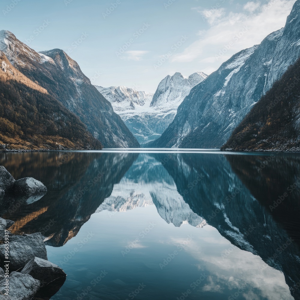 Wall mural A serene mountain lake with snow-capped peaks reflected in the still water.