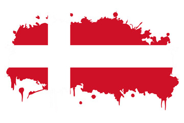 Editable and scalable vector EPS Graphic of Paint Splash Shape With Denmark Flag, Isolated on White Background. Grunge Denmark ink splattered flag vector.