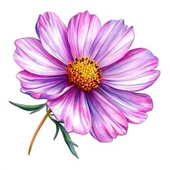 Obraz premium Single pink cosmos flower with white center and yellow pollen isolated on white background