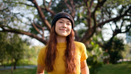 Go green culture Gen z asia people young adult woman curly hair enjoy cheerful relax toothy smile...