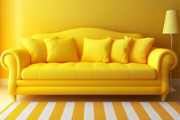 Fototapeta premium Bright Yellow Sofa With Cushions, Lamp On Yellow Wall Background. Modern Interior Design.