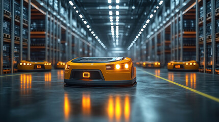AGV Fleet in a Warehouse: A fleet of AGVs coordinating to transport items in a large warehouse, highlighting the scalability of Industry 4.0 solutions.