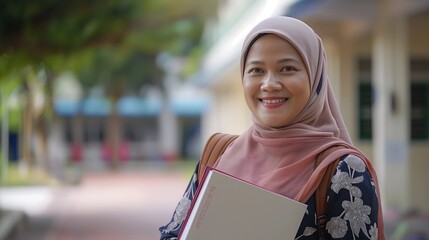 A young Malay woman teacher or student wearing a hijab smiling while holding a book on a university campus or school during a sunny day