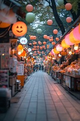 An adorable Halloween market in Japan, with stalls selling kawaii-themed decorations and snacks, set against a backdrop of lanterns and sakura trees. The image is designed with ample copy space for