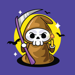 Cute grim reaper vector design. Halloween hand drawn illustration