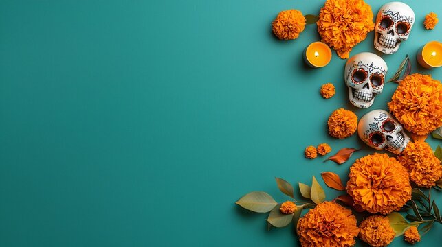 A vibrant altar adorned with colorful marigold flowers, sugar skulls, and candles, symbolizing the celebration of Dia de los Muertos, with ample copy space above for text or branding.