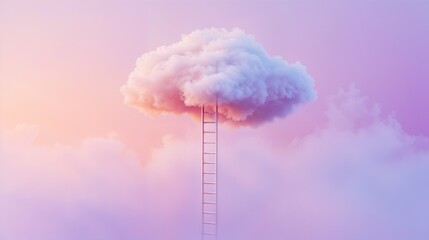 A tall ladder is extending upwards towards a fluffy cloud in the sky