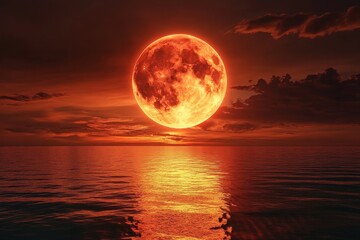 A large, glowing orange moon reflecting on a calm ocean at sunset.