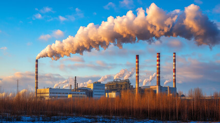 Fototapeta premium Elektrownia z kominami wytwarzającymi dym, z niebieskim niebem w tle. Obrazek pokazuje emisję CO2 do atmosfery i podkreśla wyzwania związane z zanieczyszczeniem powietrza oraz rynek handlu emisjami.