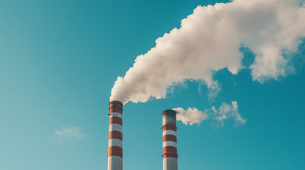 Elektrownia z kominami wytwarzającymi dym, z niebieskim niebem w tle. Obrazek pokazuje emisję CO2 do atmosfery i podkreśla wyzwania związane z zanieczyszczeniem powietrza oraz rynek handlu emisjami.