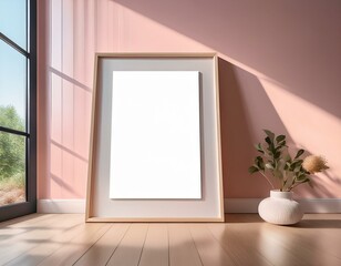 Poster picture frame mockup on wooden tiles floor with aesthetic shadow