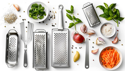 Stainless steel graters on white background, collage. Banner design