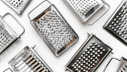 Stainless steel graters on white background, collage. Banner design