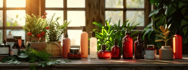 Fototapeta premium Skincare products and plants by a sunlit window