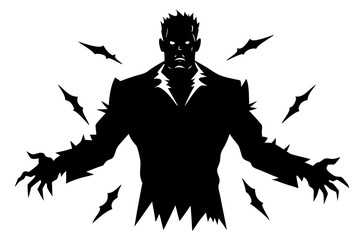 Black silhouette of frankenstein monster. Halloween party. Isolated image of scary zombie. Dead man on white background. Vector illustration
